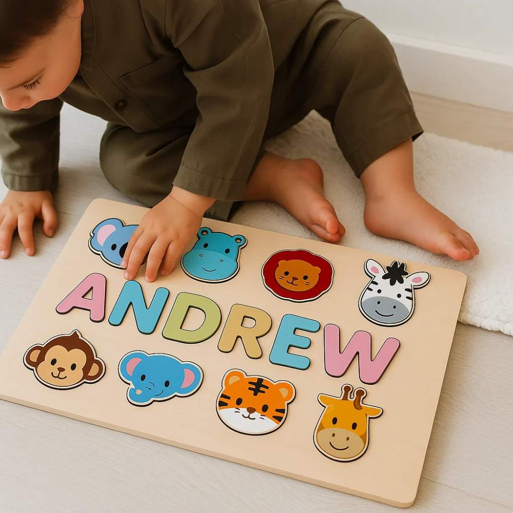 Personalized Wooden Name Puzzle for Kids – Custom Alphabet Puzzle Board with 8 Animal Pieces