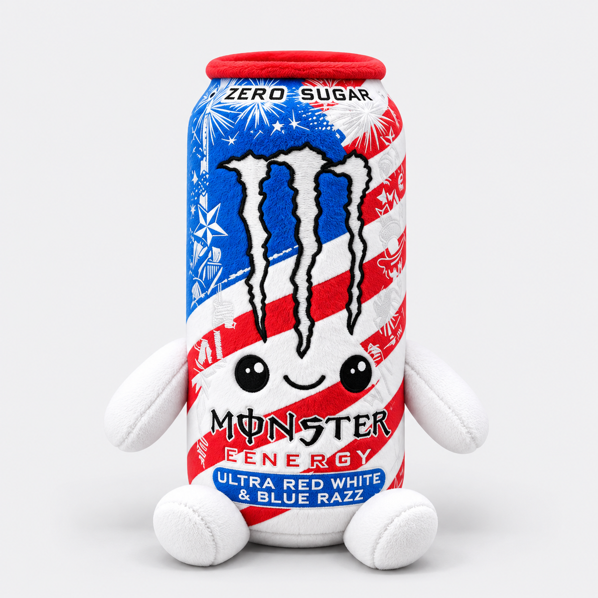 Monster Ultra Red White & Blue Razz Plush Toy – Energy Drink Can Soft Toy