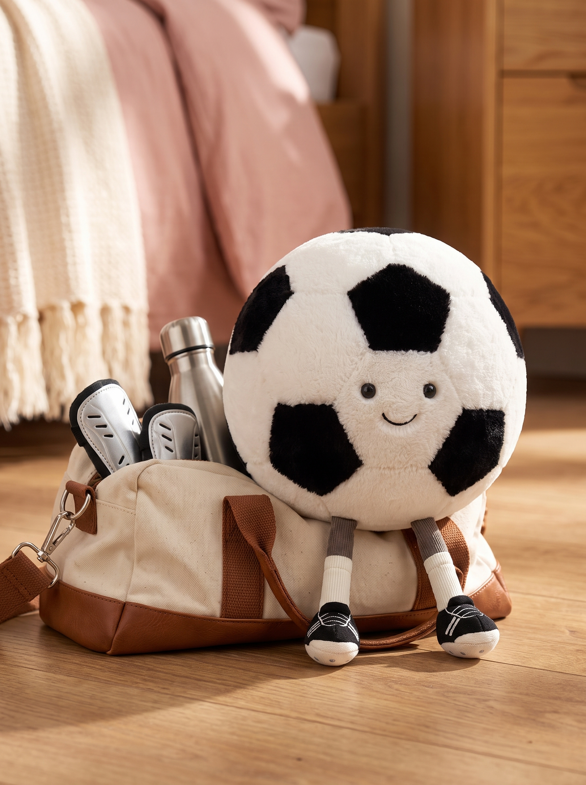 Black and White Soccer Ball Plush Toy lifestyle scene