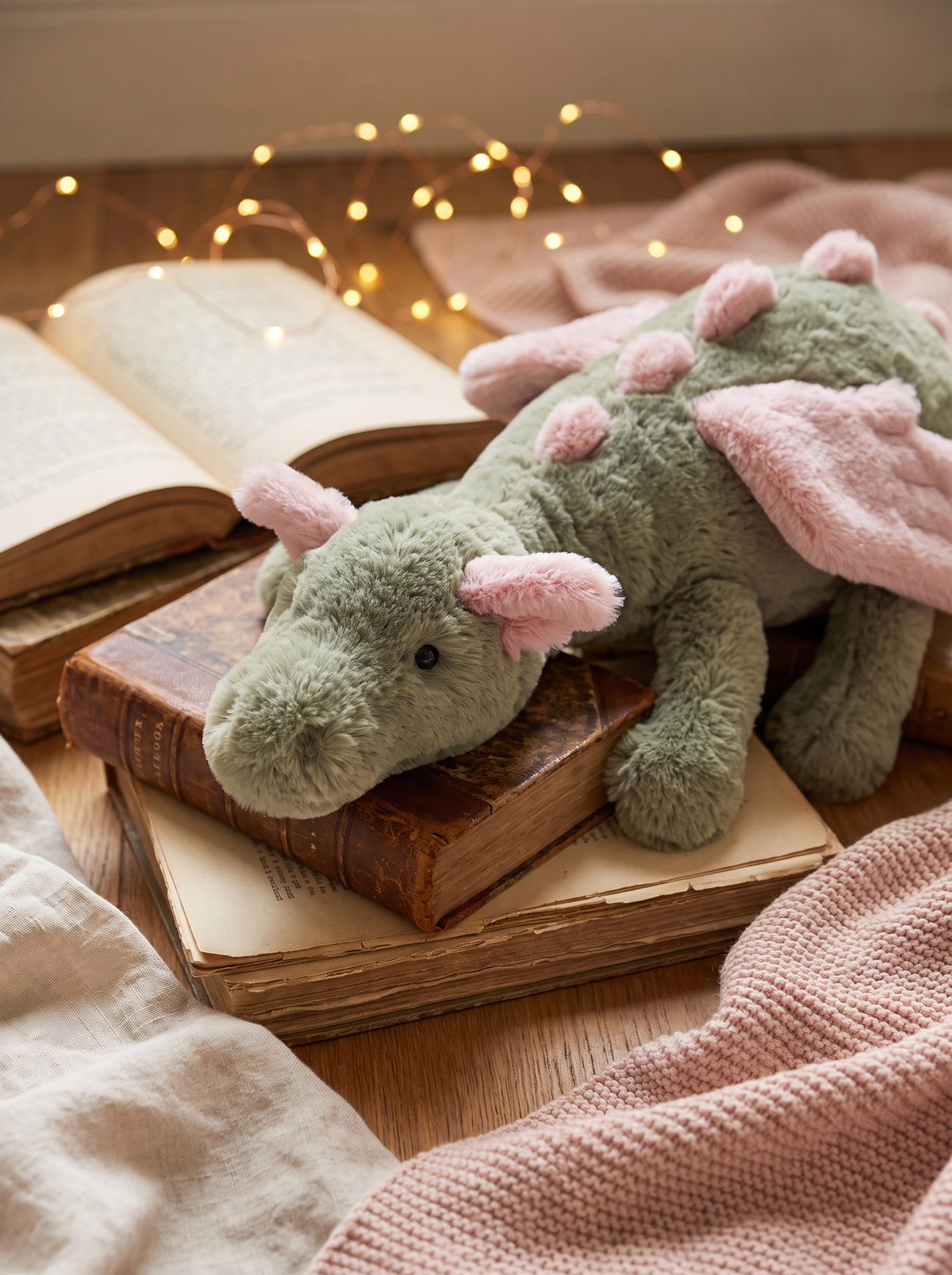 Green and Pink Dragon Plush Toy lifestyle scene