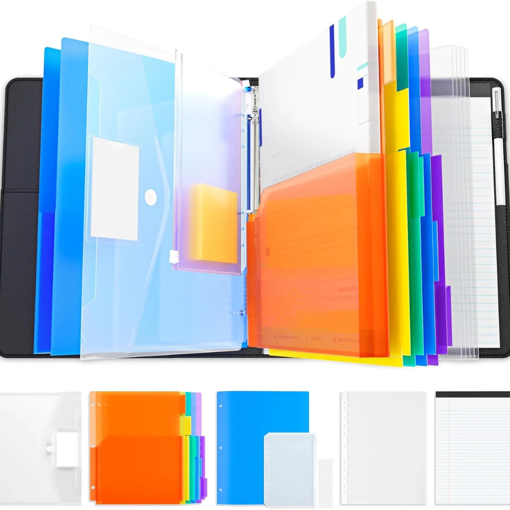 3-Ring PU Leather Portfolio Binder – Clipboard Organizer with Magnetic Board, Storage Pockets and 5 Dividers