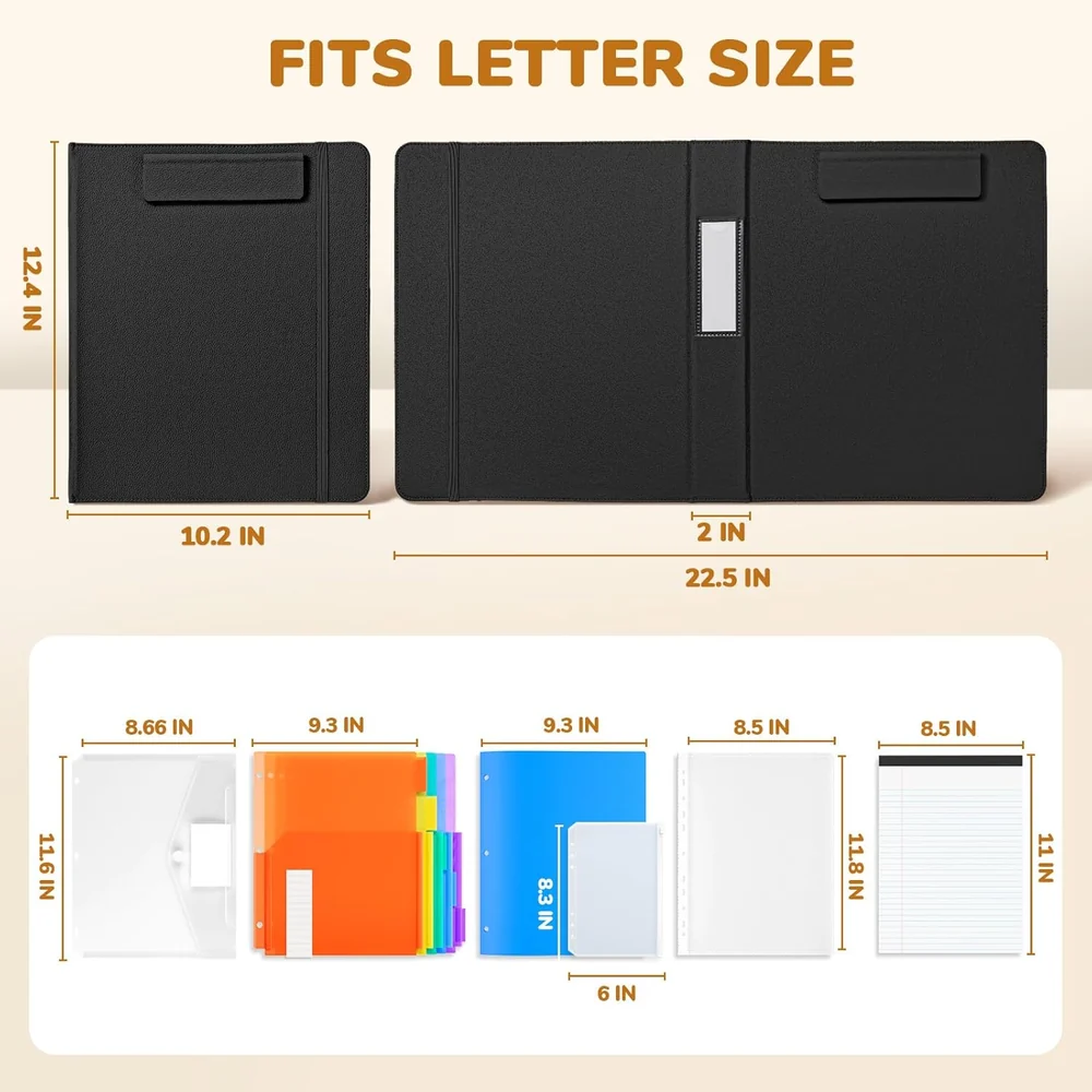 3-Ring PU Leather Portfolio Binder – Clipboard Organizer with Magnetic Board, Storage Pockets and 5 Dividers