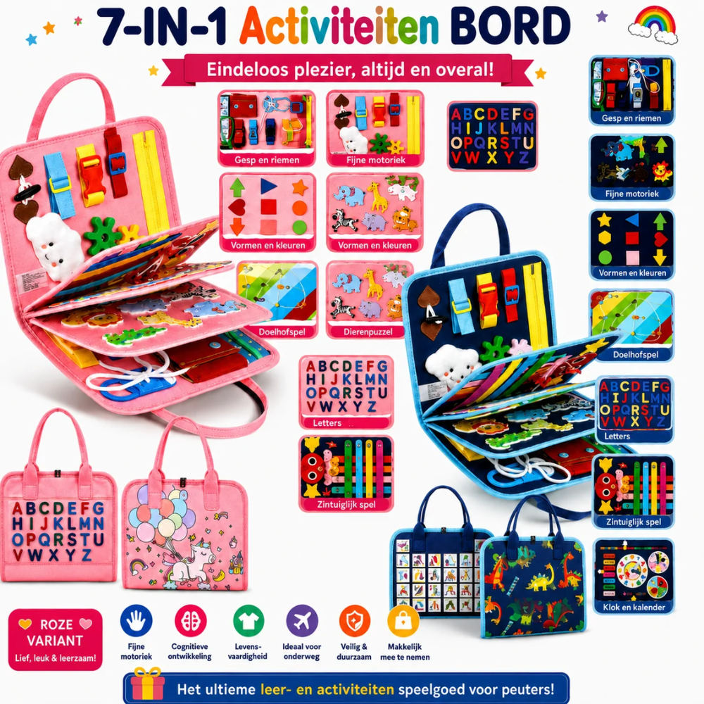 7-in-1 Montessori Busy Board – Portable Learning & Fine Motor Skills Activity Toy for Kids