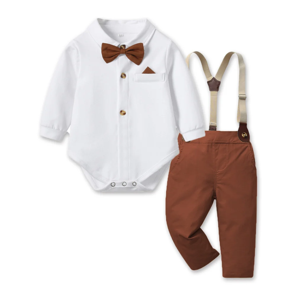 Baby Boys Formal Outfit Set – Bow Tie Shirt and Suspender Pants