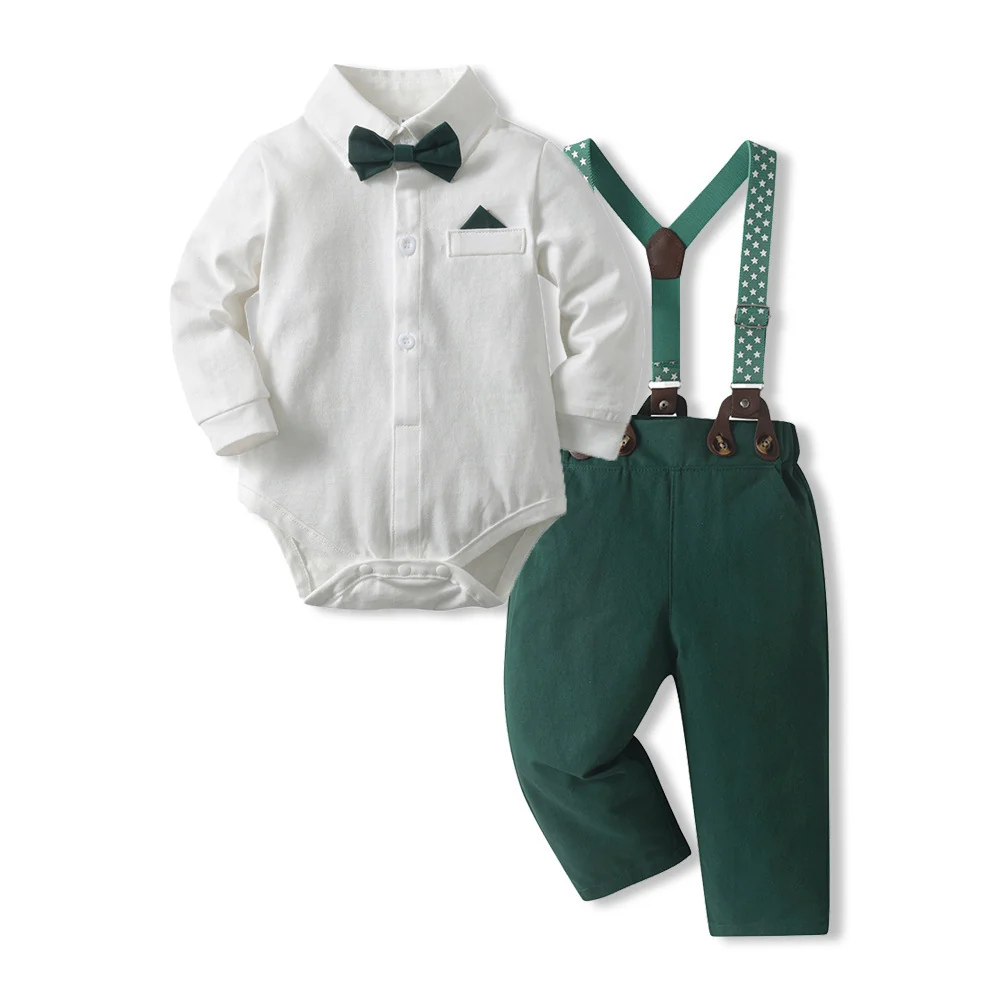 Baby Boys Formal Outfit Set – Bow Tie Shirt and Suspender Pants