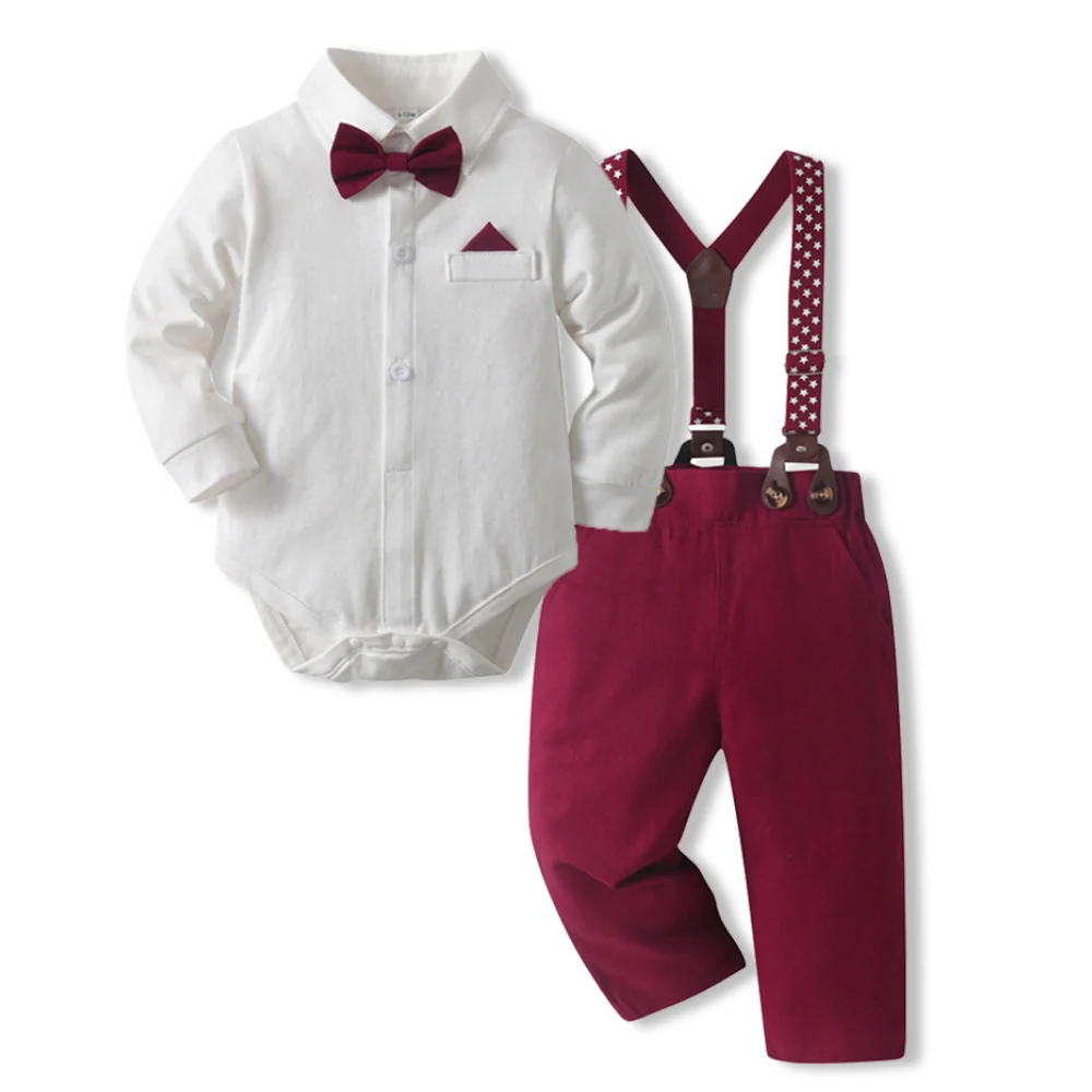 Baby Boys Formal Outfit Set – Bow Tie Shirt and Suspender Pants