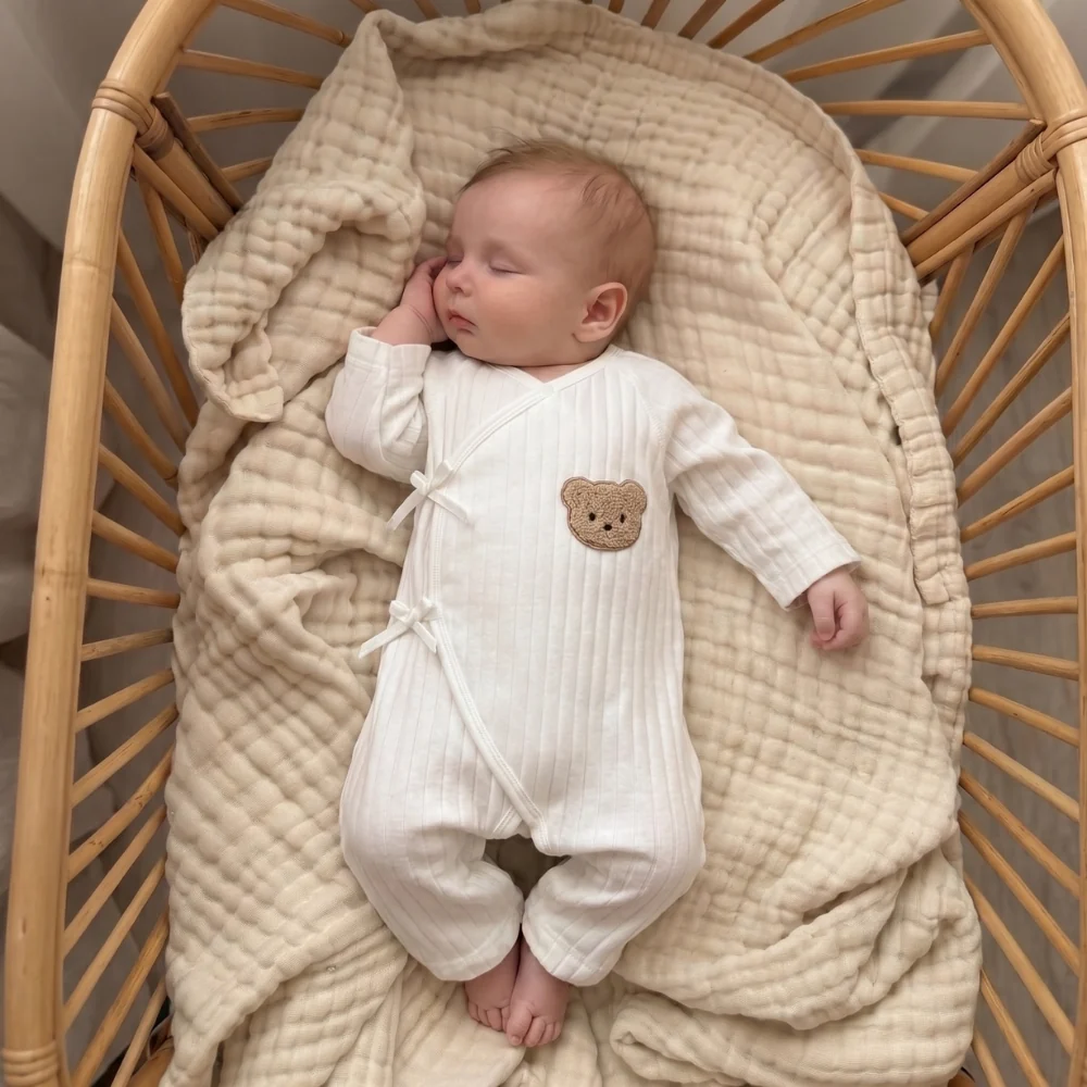 Baby Cotton Romper – Ribbed Long Sleeve Wrap Jumpsuit