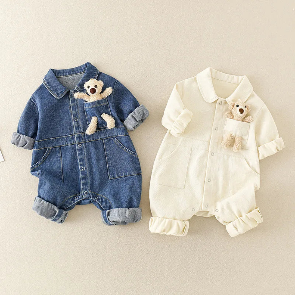 Baby Denim Jumpsuit – Long Sleeve Romper with Teddy Bear Pocket