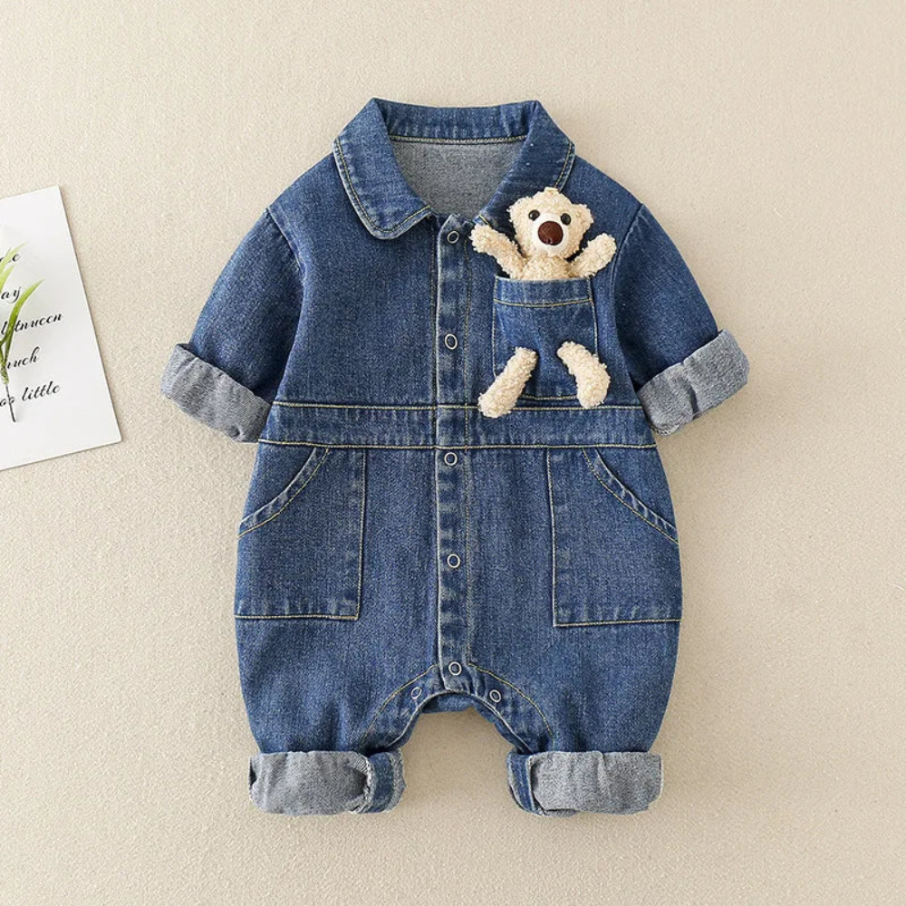 Baby Denim Jumpsuit – Long Sleeve Romper with Teddy Bear Pocket