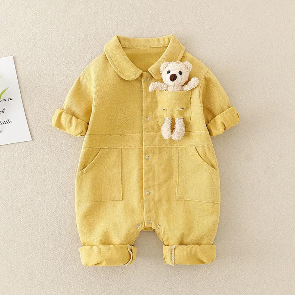 Baby Denim Jumpsuit – Long Sleeve Romper with Teddy Bear Pocket