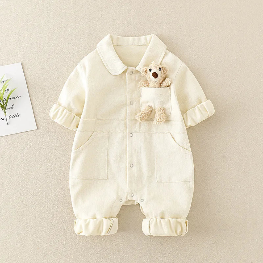Baby Denim Jumpsuit – Long Sleeve Romper with Teddy Bear Pocket