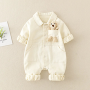 Baby Denim Jumpsuit – Long Sleeve Romper with Teddy Bear Pocket