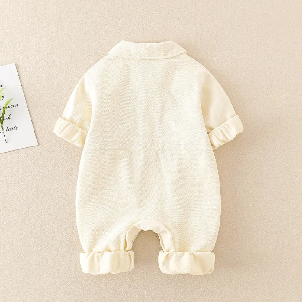 Baby Denim Jumpsuit – Long Sleeve Romper with Teddy Bear Pocket