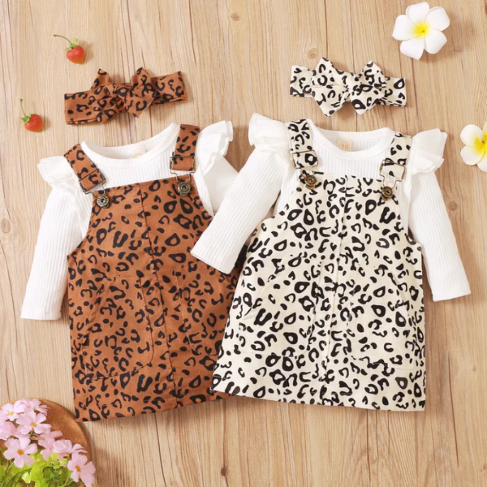 Baby Girl 3 Piece Outfit Set Leopard Print | Skirt and Top Set