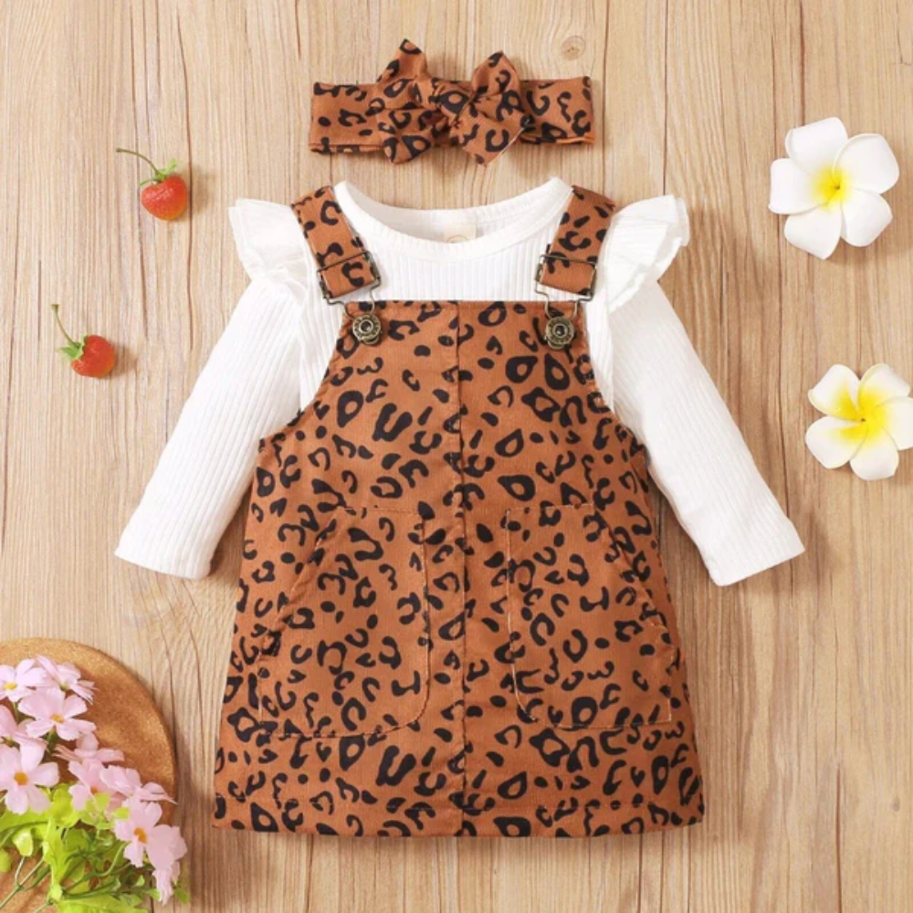 Baby Girl 3 Piece Outfit Set Leopard Print | Skirt and Top Set
