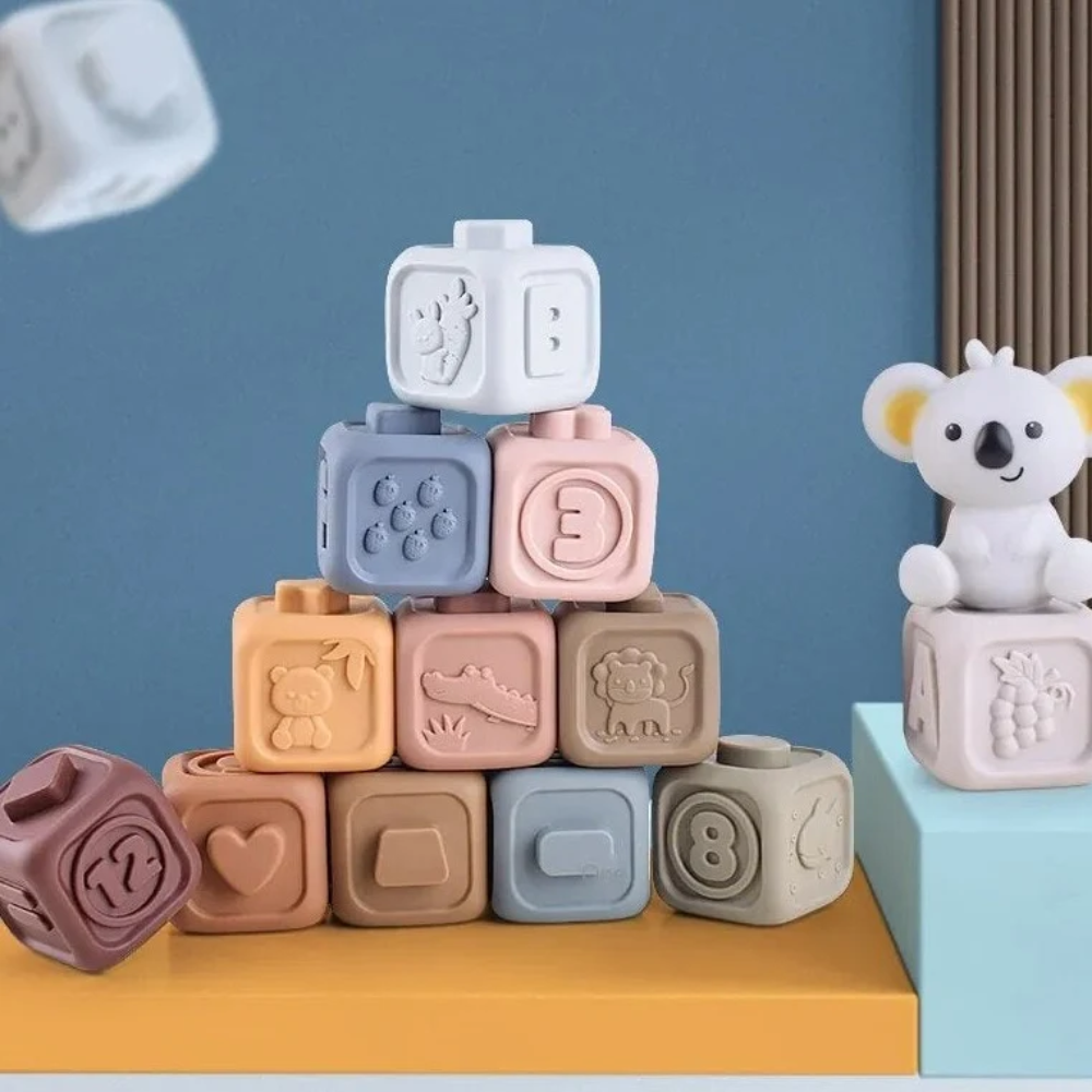 Baby Sensory Stacking Toy – Soft Teething Rings and Building Blocks with Koala Topper