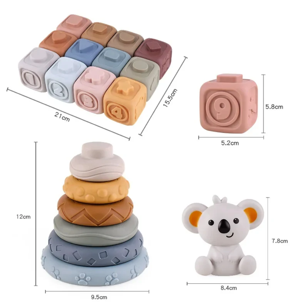 Baby Sensory Stacking Toy – Soft Teething Rings and Building Blocks with Koala Topper