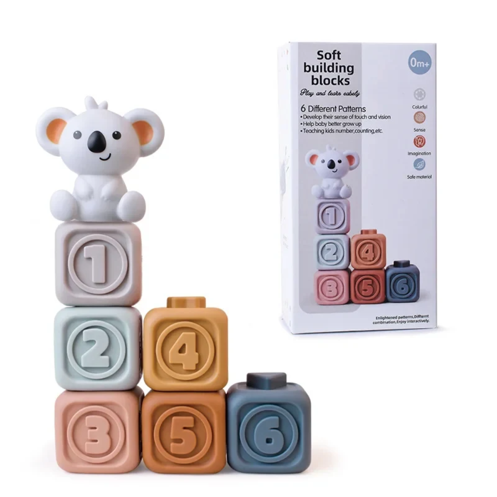 Baby Sensory Stacking Toy – Soft Teething Rings and Building Blocks with Koala Topper