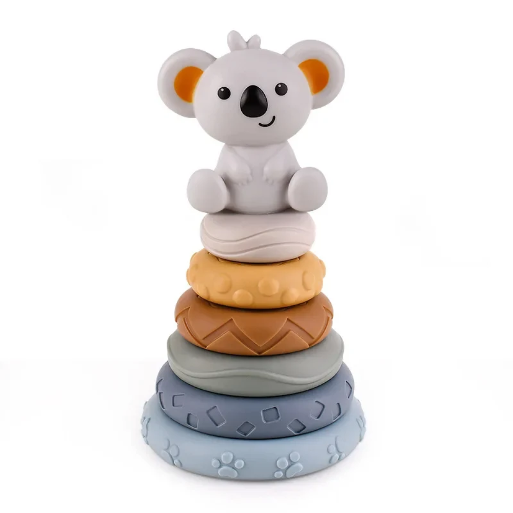 Baby Sensory Stacking Toy – Soft Teething Rings and Building Blocks with Koala Topper
