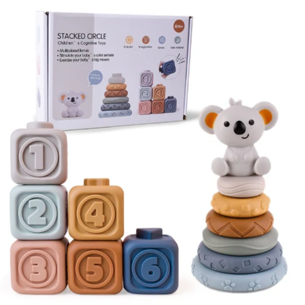 Baby Sensory Stacking Toy – Soft Teething Rings and Building Blocks with Koala Topper