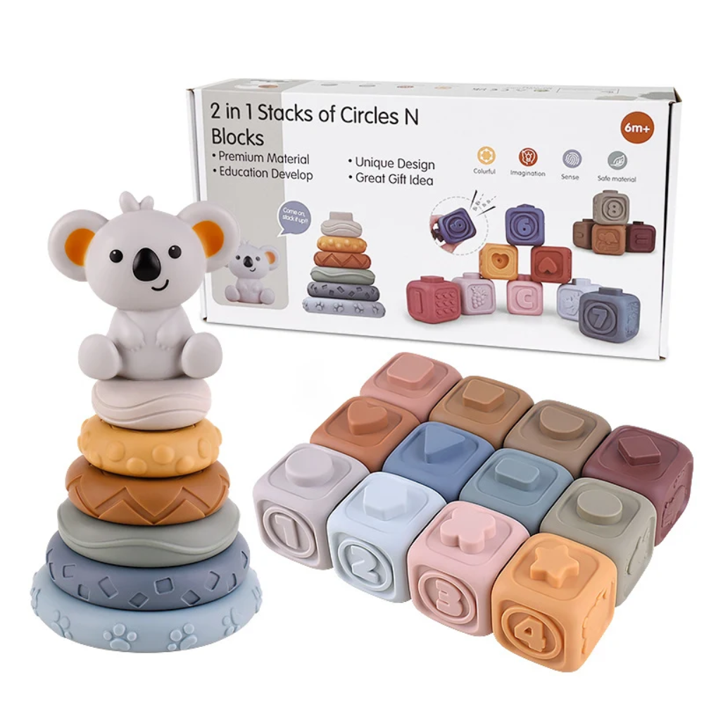 Baby Sensory Stacking Toy – Soft Teething Rings and Building Blocks with Koala Topper
