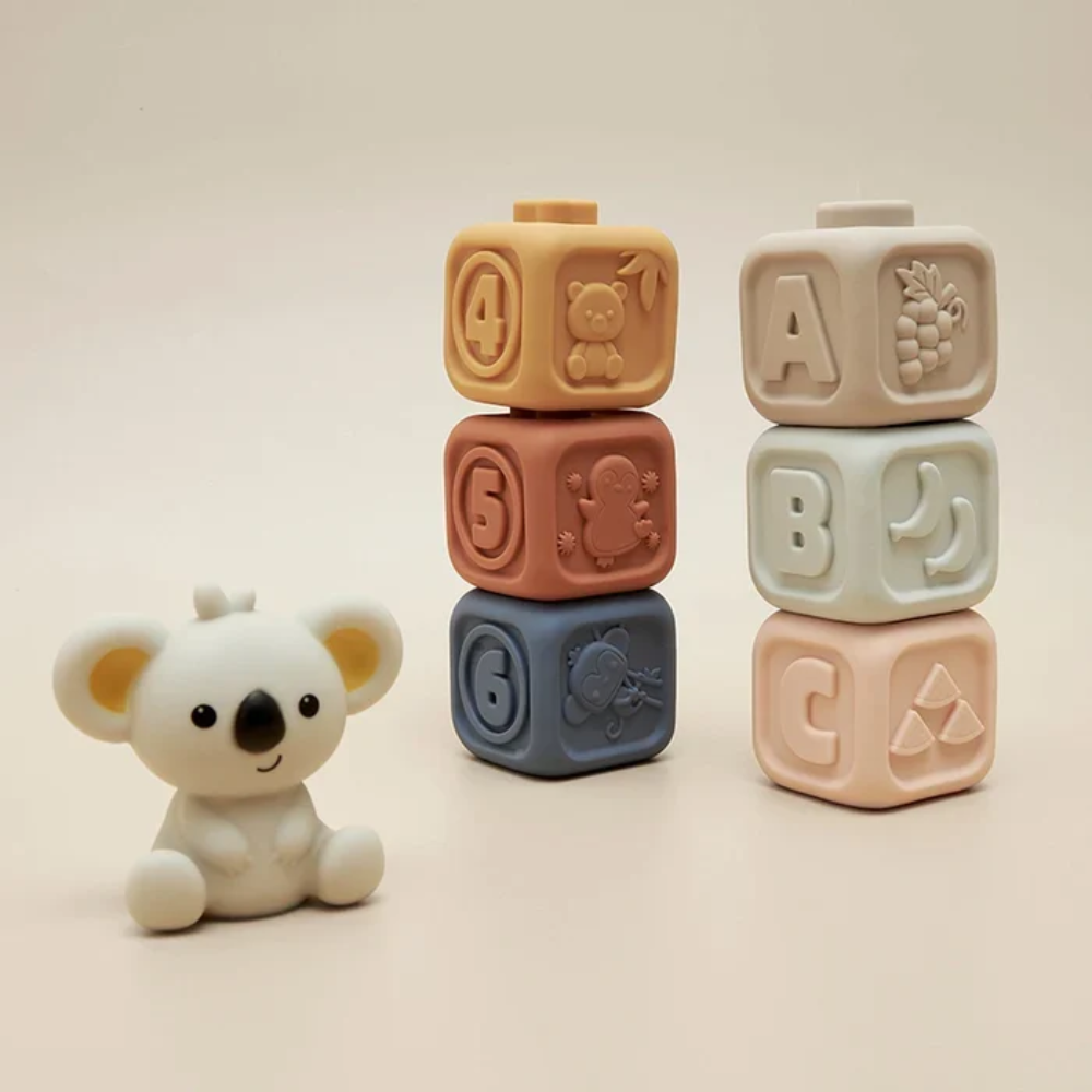 Baby Sensory Stacking Toy – Soft Teething Rings and Building Blocks with Koala Topper