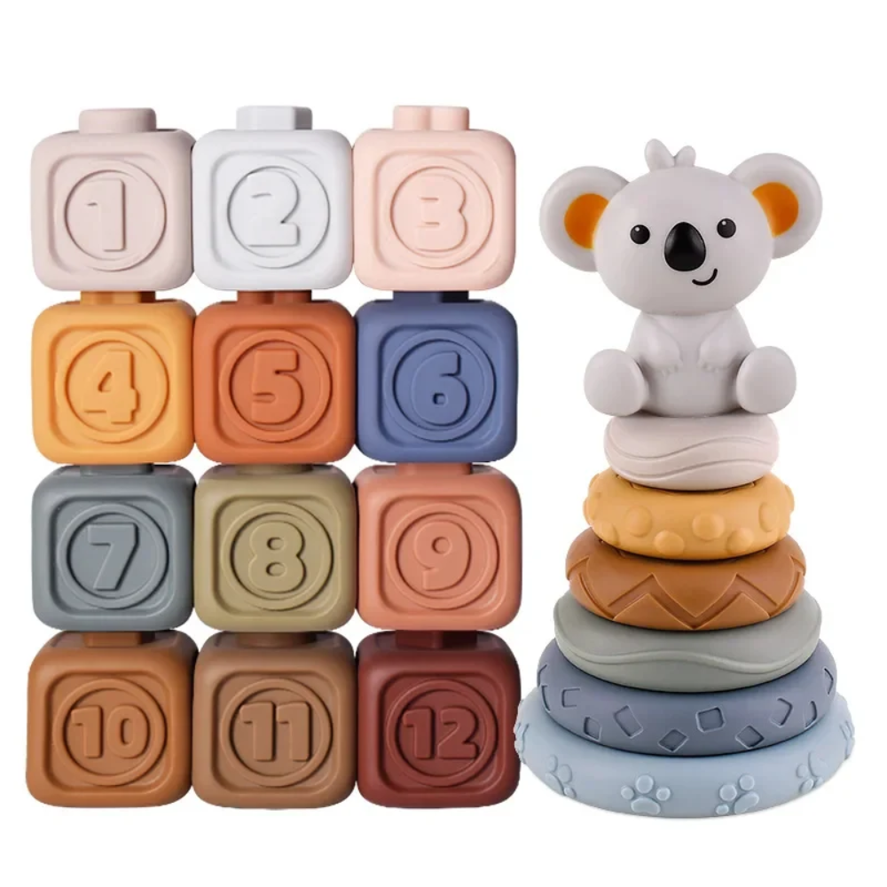 Baby Sensory Stacking Toy – Soft Teething Rings and Building Blocks with Koala Topper