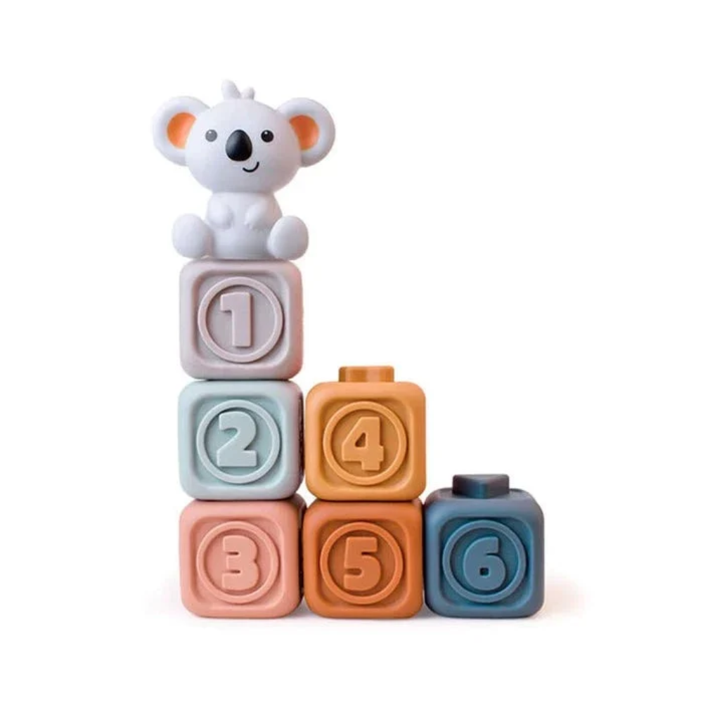 Baby Sensory Stacking Toy – Soft Teething Rings and Building Blocks with Koala Topper