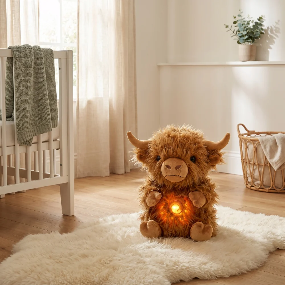 Breathing Highland Cow Plush Toy – Soft Cow with Light and Sounds