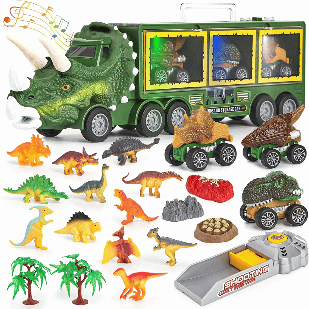 Dinosaur Transport Truck Toy – Dinosaur Carrier with Mini Cars, Lights & Sounds