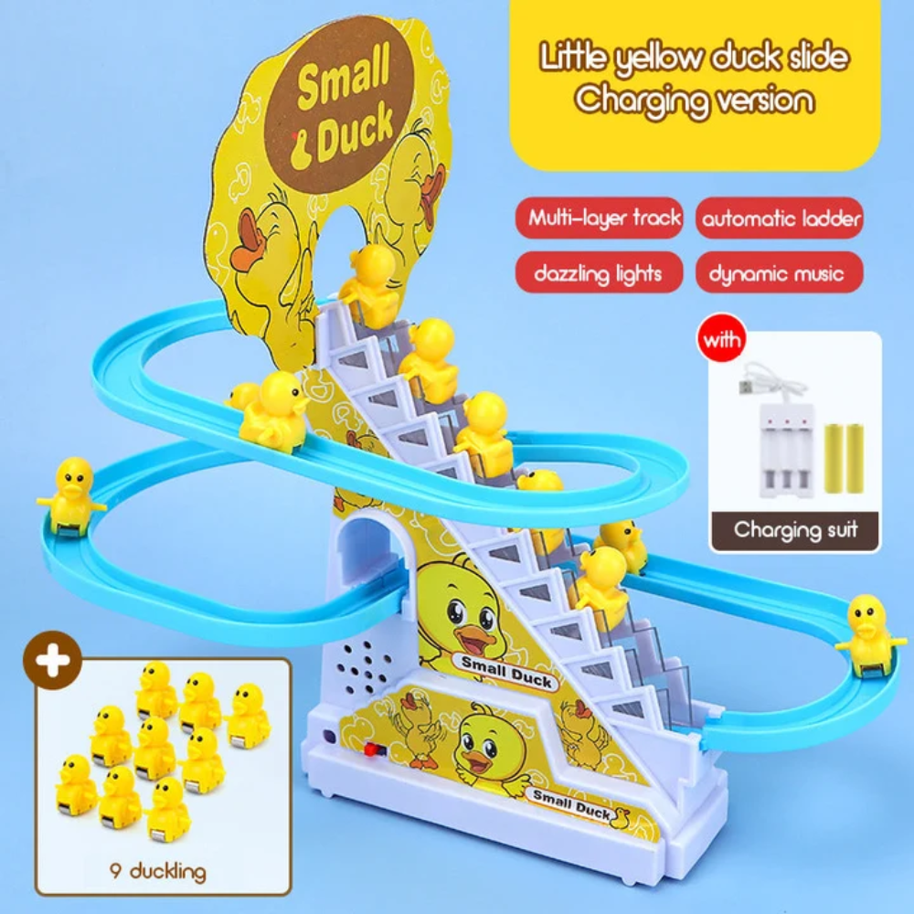 Electric Duck Slide Track Toy – Musical Stair Climbing Race Game with LED Lights