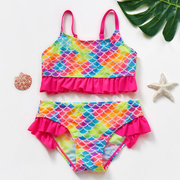 Girls Mermaid One Piece Swimsuit – Colorful Cutout Swimwear with Ruffles