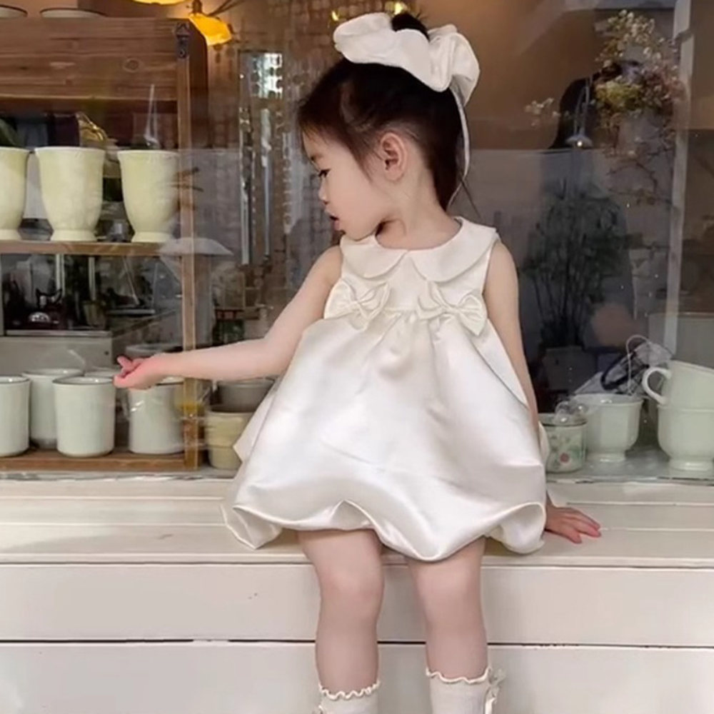 Baby Girls White Satin Party Dress – Long Sleeve Bow Occasion Dress