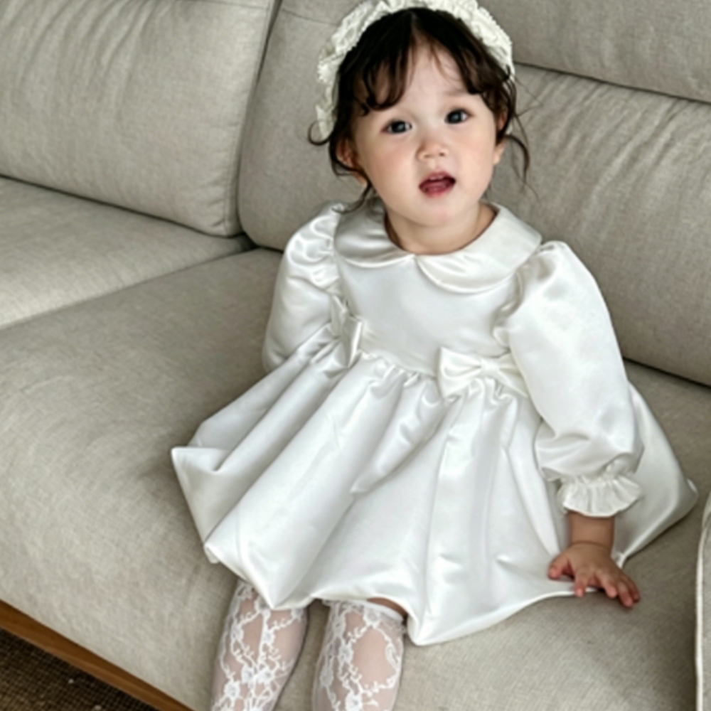 Baby Girls White Satin Party Dress Long Sleeve Bow Occasion Dress My Tiny Muffin Baby Girls White Satin Party Dress Long Sleeve Bow Occasion Dress My Tiny Muffin