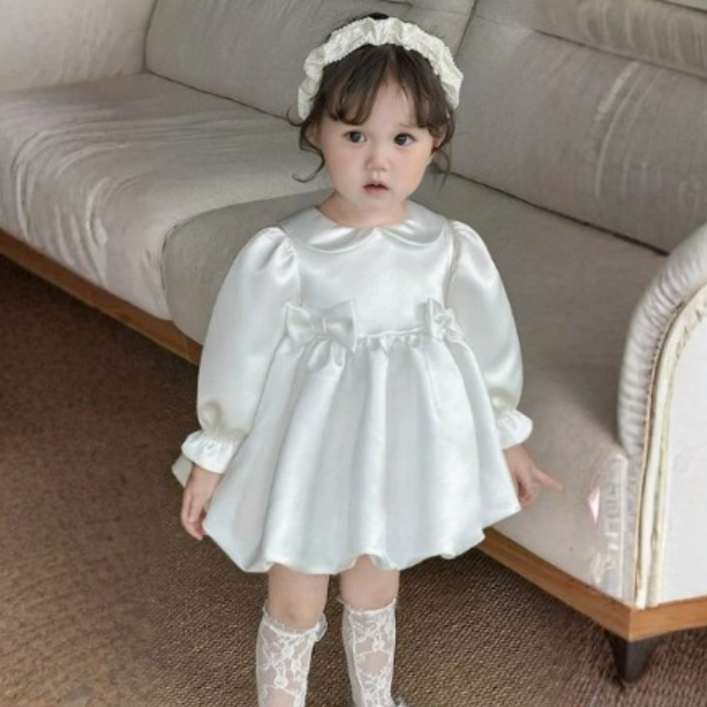 Baby Girls White Satin Party Dress – Long Sleeve Bow Occasion Dress