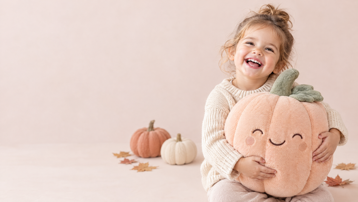 Lachend kind met zachte pluche pompoen - Halloween Drop