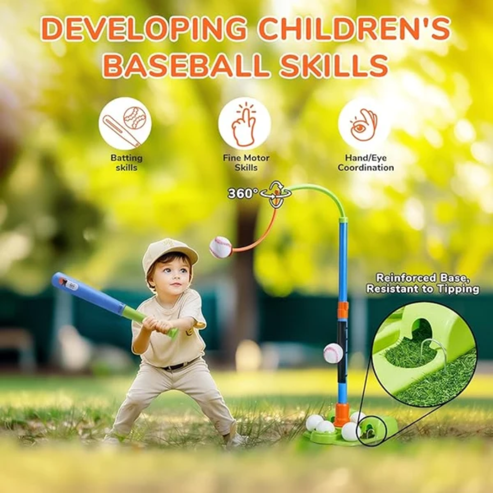 Kids 3-in-1 Baseball T-Ball Set – Adjustable Batting Tee with Automatic Ball Launcher