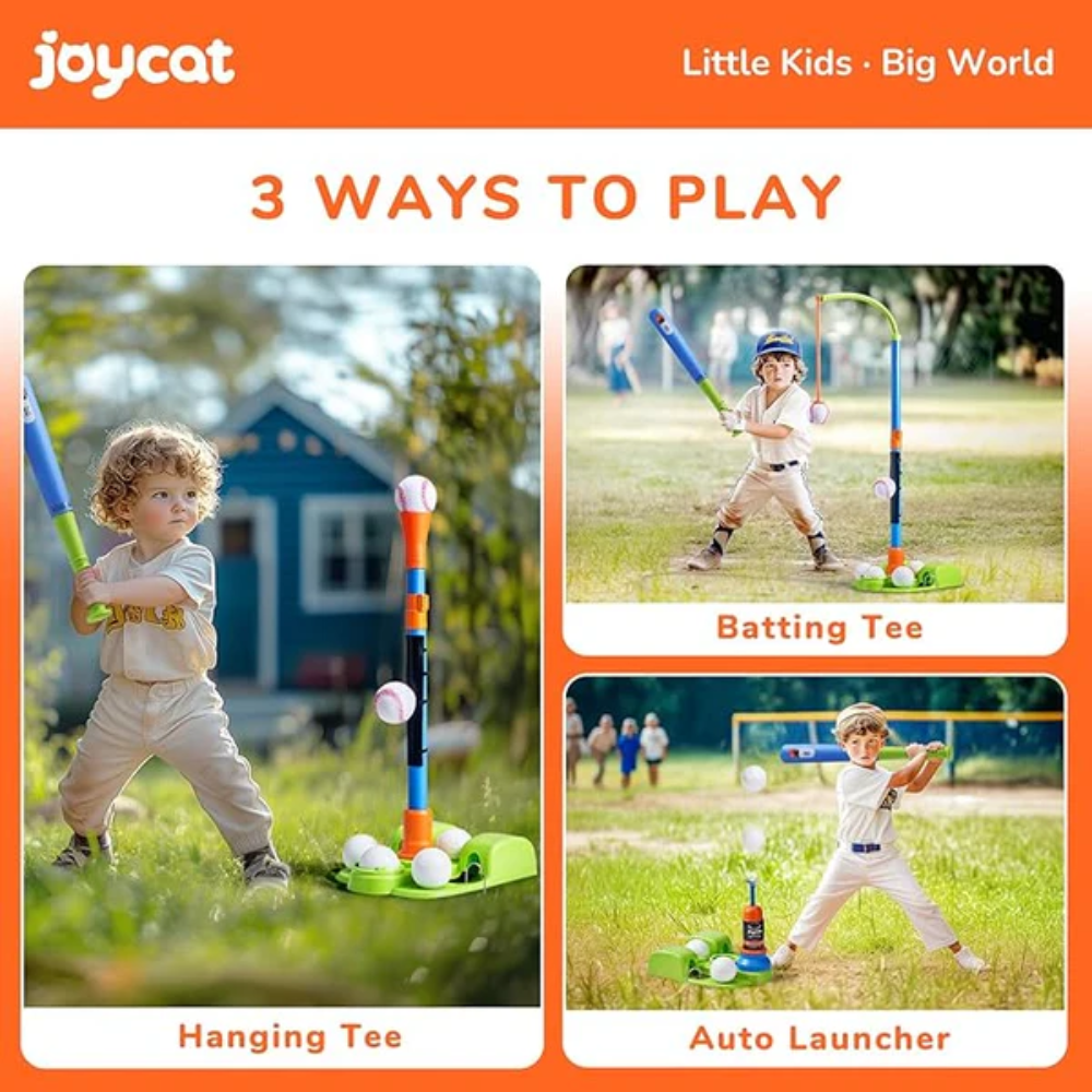 Kids 3-in-1 Baseball T-Ball Set – Adjustable Batting Tee with Automatic Ball Launcher