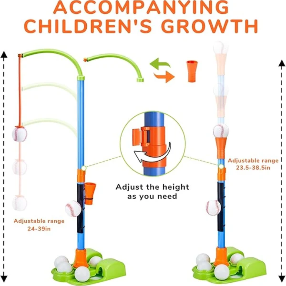 Kids 3-in-1 Baseball T-Ball Set – Adjustable Batting Tee with Automatic Ball Launcher