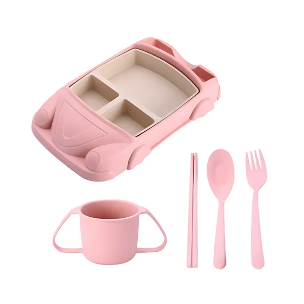Kids Car-Shaped Dinnerware Set – Divided Food Tray with Cup and Utensils