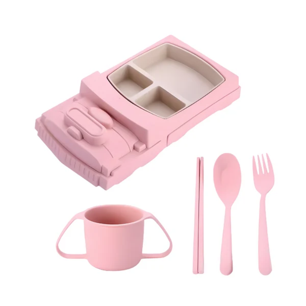 Kids Car-Shaped Dinnerware Set – Divided Food Tray with Cup and Utensils