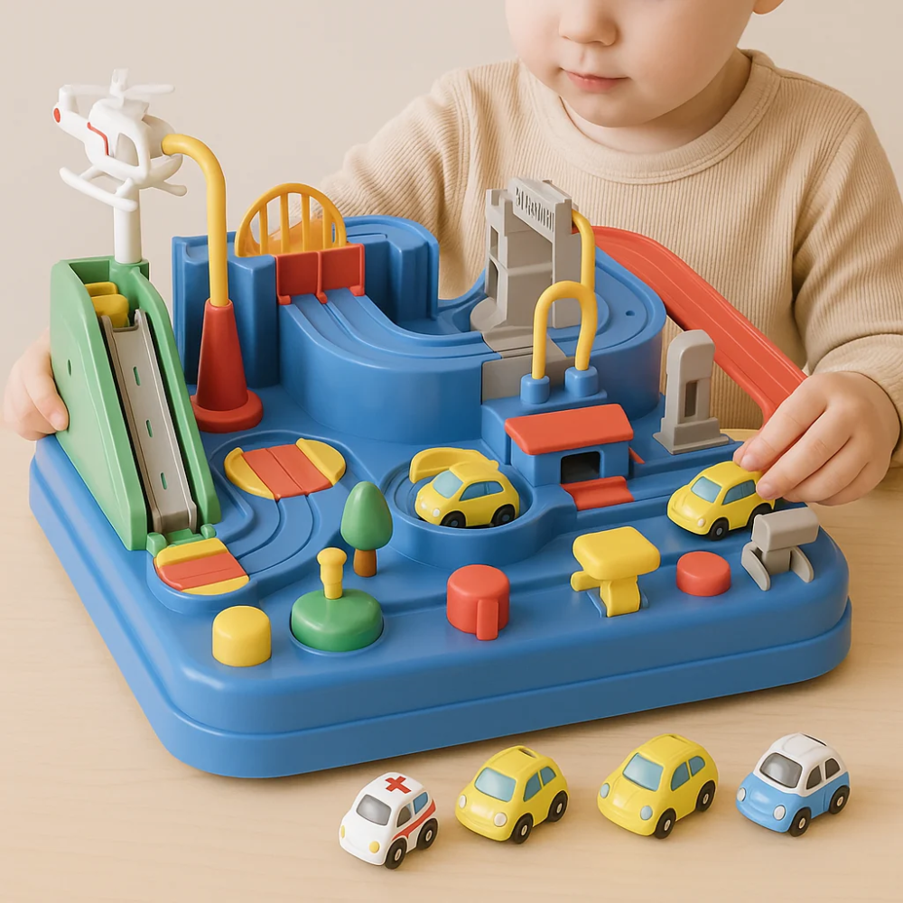 Kids City Adventure Car Track Toy – Interactive Mechanical Vehicle Playset with 4 Cars