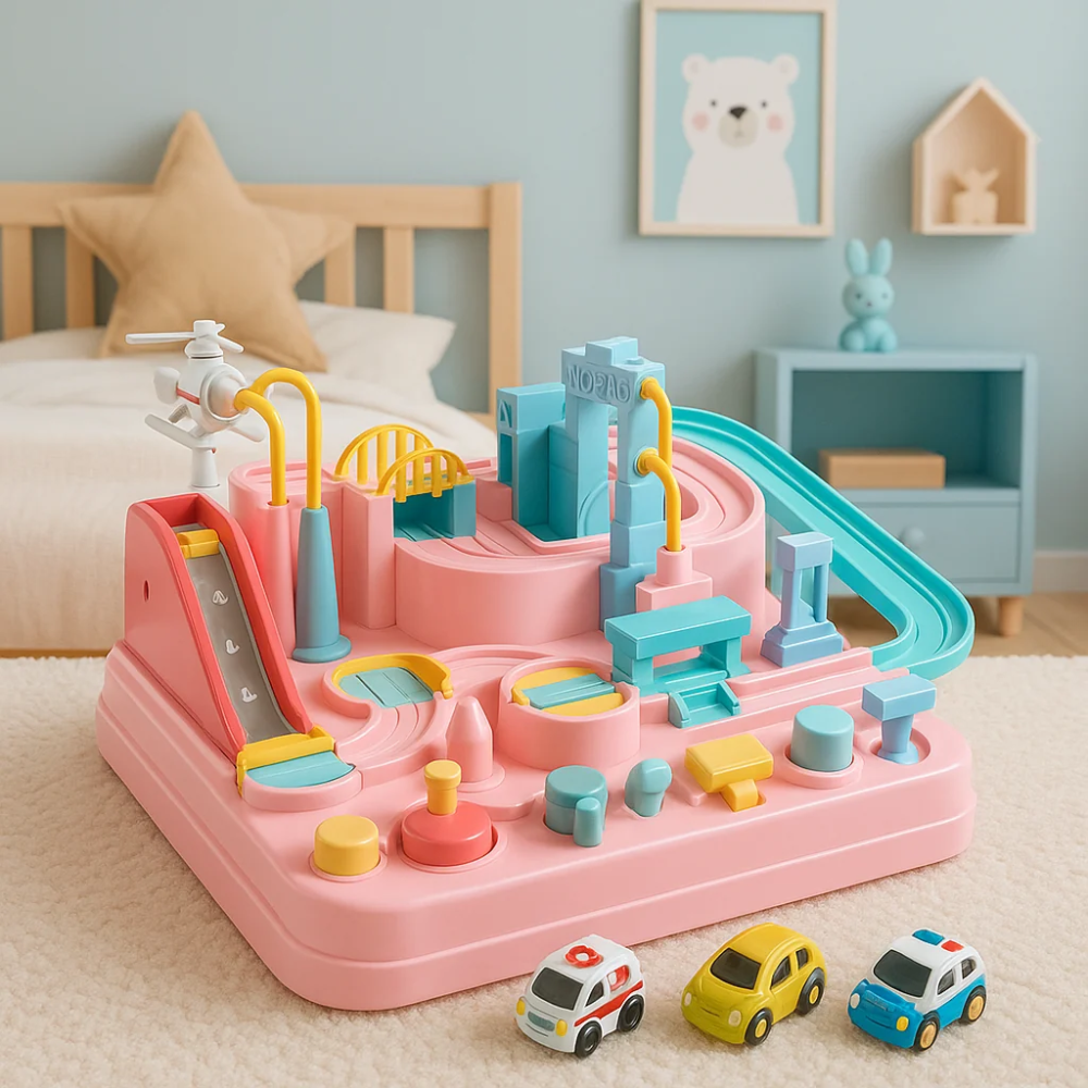 Kids City Adventure Car Track Toy – Interactive Mechanical Vehicle Playset with 4 Cars
