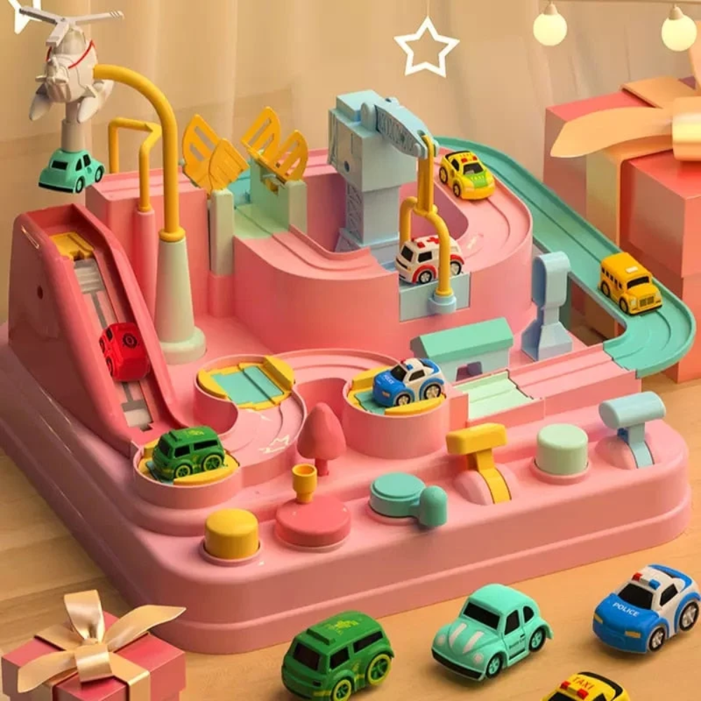 Kids City Adventure Car Track Toy – Interactive Mechanical Vehicle Playset with 4 Cars