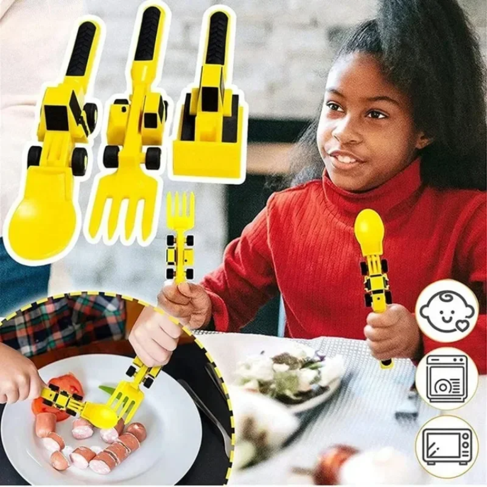 Kids Construction Vehicle Cutlery Set – 3 Piece Spoon and Fork Utensils