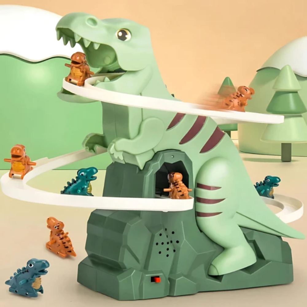 Kids Dinosaur Climbing Track Toy – Electric Dinosaur Stair Climbing and Sliding Toy with Music and LED Lights