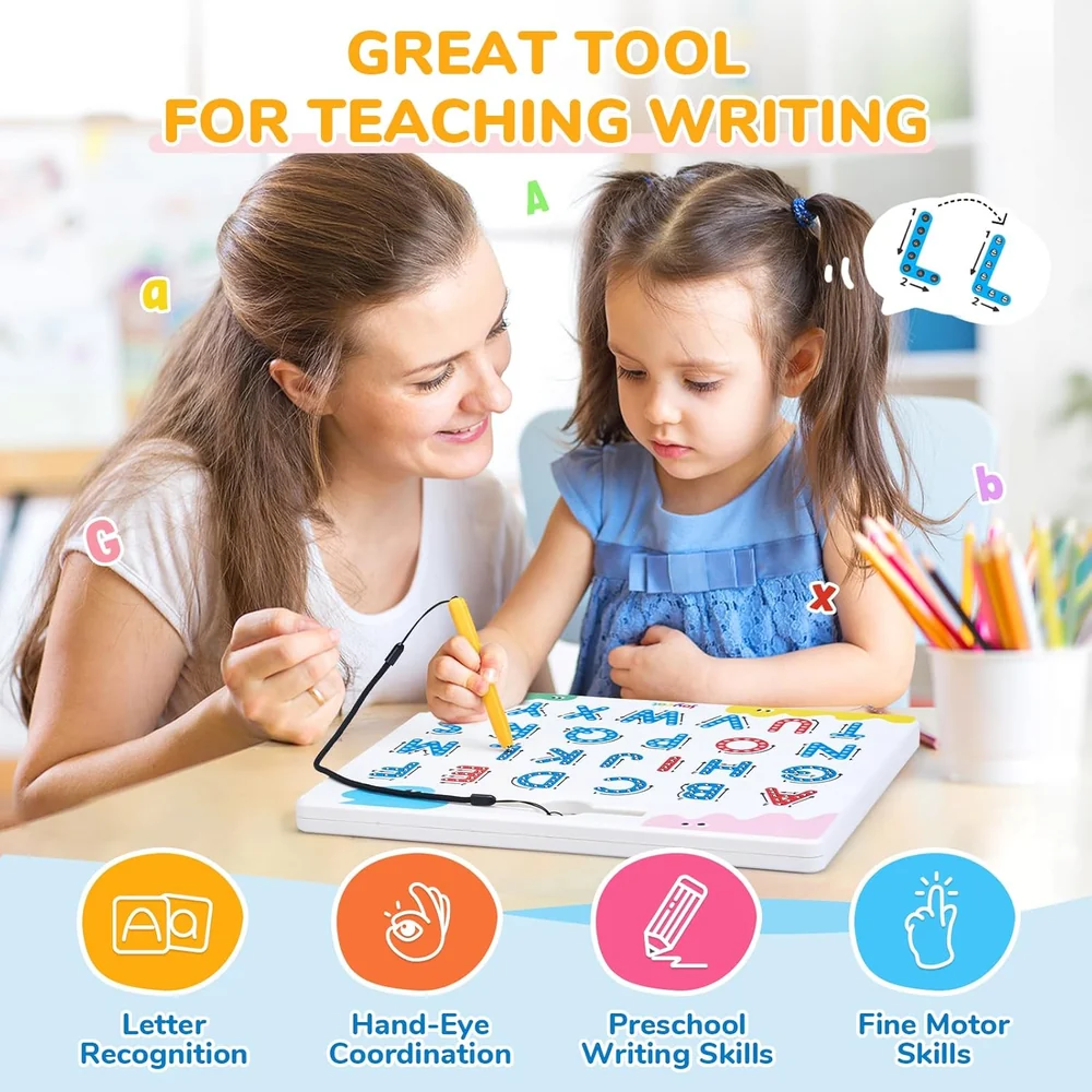 Kids Double-Sided Magnetic Alphabet Tracing Board – Uppercase and Lowercase Letter Learning Toy with Stylus