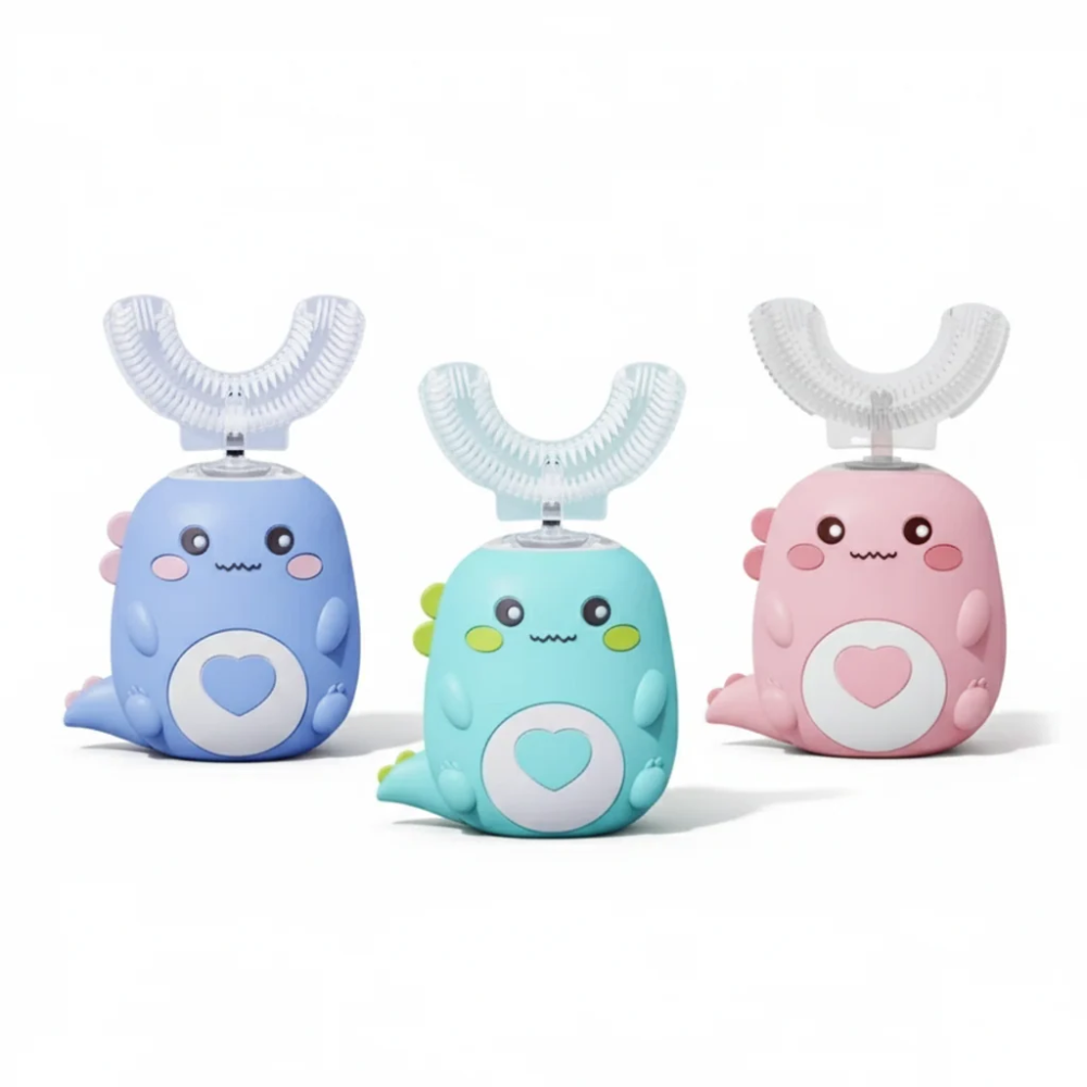 Kids Electric U-Shaped Toothbrush – 360° Silicone Toothbrush with Gentle Vibrations and Dinosaur Design