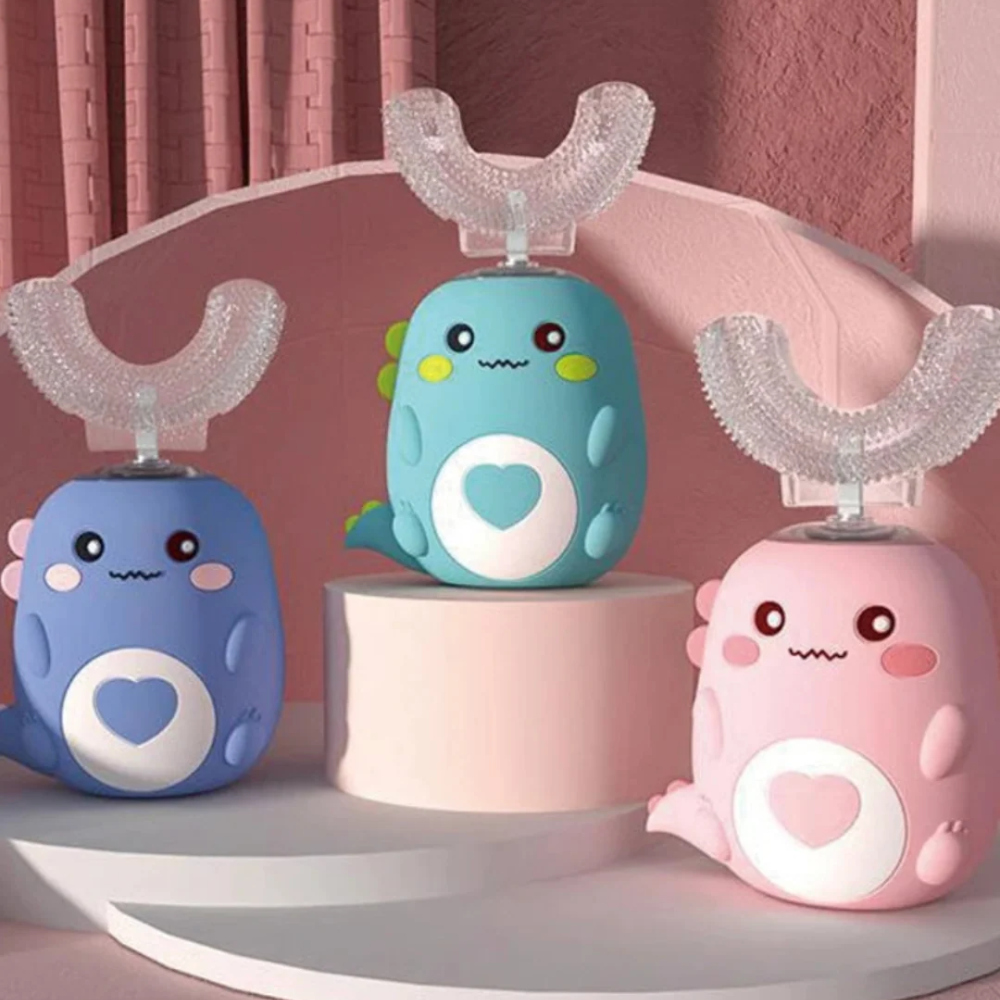 Kids Electric U-Shaped Toothbrush – 360° Silicone Toothbrush with Gentle Vibrations and Dinosaur Design
