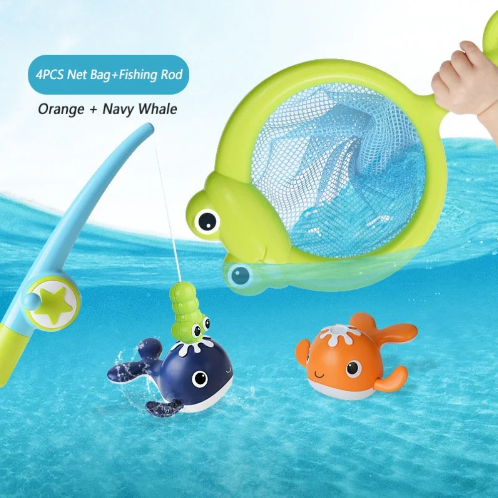Kids Fishing Bath Toy Set – Wind-Up Swimming Fish with Magnetic Fishing Rod and Net